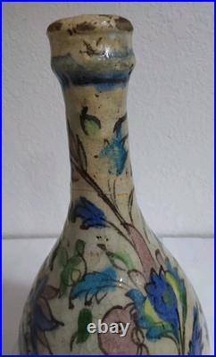 Antique Middle Eastern Ceramic Painted Bottle withBirds & Flowers-Blue Green Pink