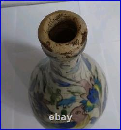 Antique Middle Eastern Ceramic Painted Bottle withBirds & Flowers-Blue Green Pink