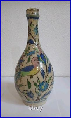 Antique Middle Eastern Ceramic Painted Bottle withBirds & Flowers-Blue Green Pink