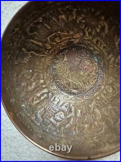 Antique Middle Eastern Copper Bowl Arabic Writings Hammered Islamic Art 5D x2H