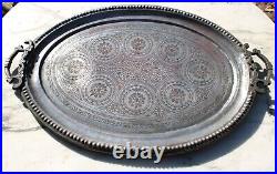 Antique Middle Eastern Copper Metal Serving Tray Etched Large T1