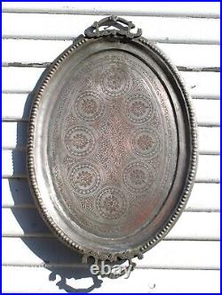 Antique Middle Eastern Copper Metal Serving Tray Etched Large T1