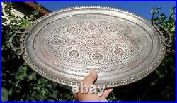 Antique Middle Eastern Copper Metal Serving Tray Etched Large T1