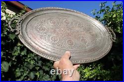 Antique Middle Eastern Copper Metal Serving Tray Etched Large T1