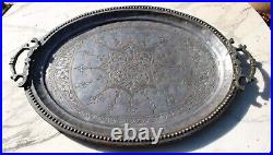 Antique Middle Eastern Copper Metal Serving Tray Etched Large T2