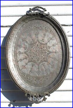 Antique Middle Eastern Copper Metal Serving Tray Etched Large T2