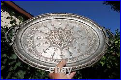 Antique Middle Eastern Copper Metal Serving Tray Etched Large T2