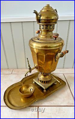 Antique Middle Eastern Hand Made Brass Samovar With Tray And Teapot