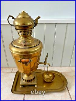 Antique Middle Eastern Hand Made Brass Samovar With Tray And Teapot