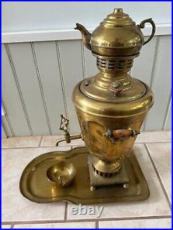 Antique Middle Eastern Hand Made Brass Samovar With Tray And Teapot