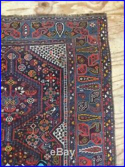 Antique Middle Eastern Khamseh Unusual Design Hand Woven Rug Dark Green Field