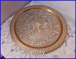 Antique Middle Eastern Large Brass Tray Silver & Copper Inlay