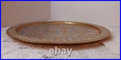 Antique Middle Eastern Large Brass Tray Silver & Copper Inlay