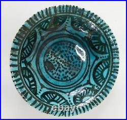 Antique Middle Eastern Persian Kashan Raqqa Turquoise Blue Bowl Collection Label
