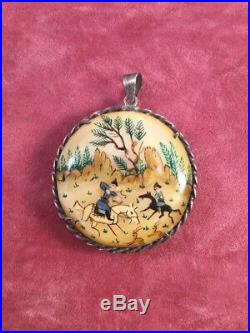 Antique Middle Eastern Persian Painted Shell Story Pendant Vintage Silver Frame
