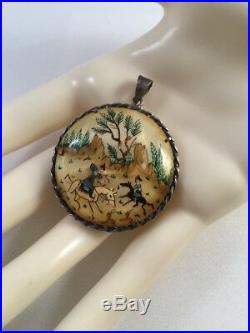 Antique Middle Eastern Persian Painted Shell Story Pendant Vintage Silver Frame