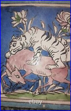 Antique Middle Eastern Qajar Dynasty Pottery Tile White Tiger