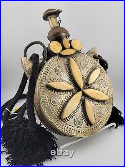 Antique Military Morrocan Powder Flask Brass Inlaid Camel Bone North Africa Rare