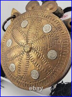 Antique Military Morrocan Powder Flask Brass Inlaid Camel Bone North Africa Rare