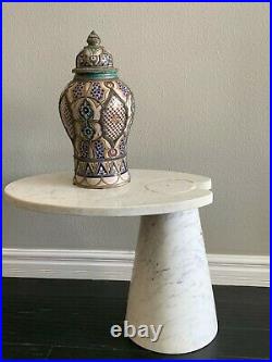 Antique Moroccan Ceramic Lidded Vase From Fez With Silver Filigree