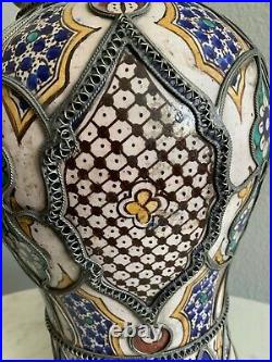 Antique Moroccan Ceramic Lidded Vase From Fez With Silver Filigree