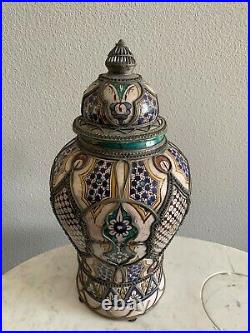 Antique Moroccan Ceramic Lidded Vase From Fez With Silver Filigree