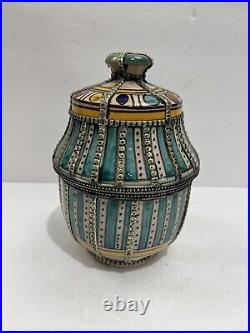 Antique Moroccan Fez Pottery Covered Pot Jar Lidded Hand Painted Overlay Silver