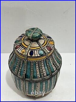 Antique Moroccan Fez Pottery Covered Pot Jar Lidded Hand Painted Overlay Silver