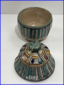 Antique Moroccan Fez Pottery Covered Pot Jar Lidded Hand Painted Overlay Silver