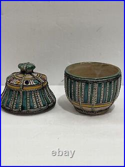 Antique Moroccan Fez Pottery Covered Pot Jar Lidded Hand Painted Overlay Silver