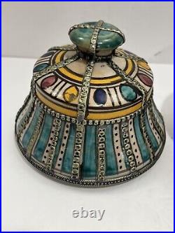 Antique Moroccan Fez Pottery Covered Pot Jar Lidded Hand Painted Overlay Silver