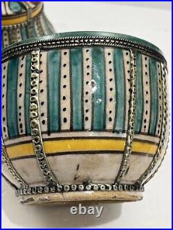 Antique Moroccan Fez Pottery Covered Pot Jar Lidded Hand Painted Overlay Silver