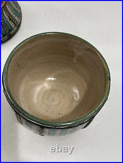 Antique Moroccan Fez Pottery Covered Pot Jar Lidded Hand Painted Overlay Silver