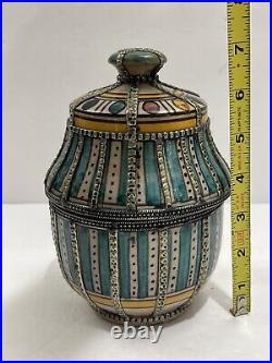 Antique Moroccan Fez Pottery Covered Pot Jar Lidded Hand Painted Overlay Silver