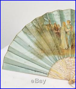 Antique Mother of Pearl Abalone MOP Oil on Silk Painted Fan European