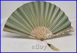Antique Mother of Pearl Abalone MOP Oil on Silk Painted Fan European