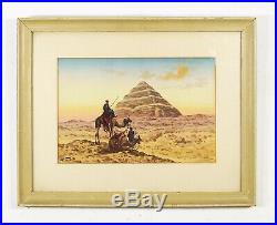 Antique Orientalist Watercolor Painting Middle Eastern Egypt Pyramids Giza