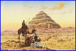 Antique Orientalist Watercolor Painting Middle Eastern Egypt Pyramids Giza