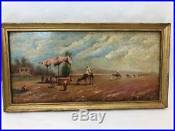 Antique Original Oil Painting Middle Eastern Desert Oasis Scenes withCamels, Rider