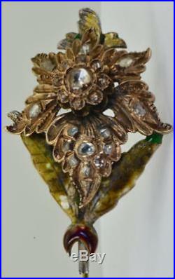 Antique Ottoman 8k gold, silver, Enamel&Rose Cut Diamonds Hat Pin in original box