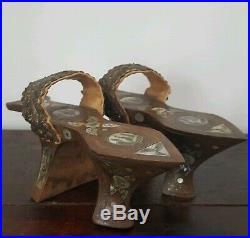 Antique Ottoman Turkish Wood Mother of Pear Silver Thread Bath Hamam Clogs Shoes