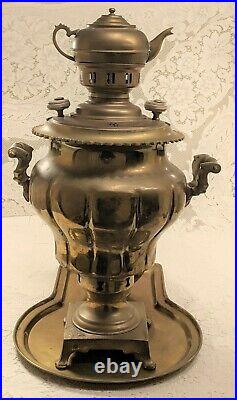 Antique PERSIAN SAMOVAR Brass Stamped + Teapot + Tray + Drip Bowl