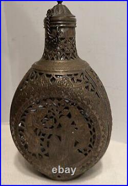 Antique Persian Bronze/Brass Scenic Glass Decanter