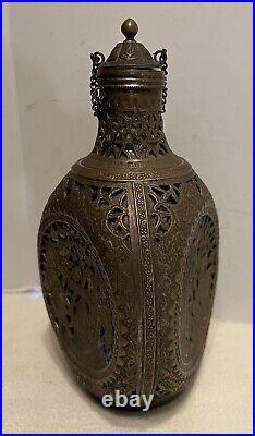 Antique Persian Bronze/Brass Scenic Glass Decanter