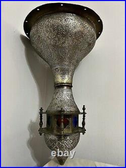 Antique Persian Islamic Eastern Arabic Qajar Silver Inlaid Brass Mosque Lamp