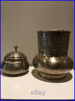 Antique Persian Islamic Middle Eastern Arabic Brass Vase And Lidded Bowl