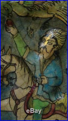 Antique Persian Islamic Qajar Pottery Glazed Tile Hunter On Horse And Phoenix