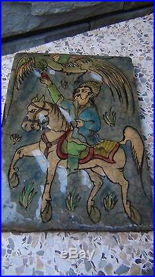 Antique Persian Islamic Qajar Pottery Glazed Tile Hunter On Horse And Phoenix