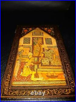 Antique Persian Lacquer Miniature Painting Mirror Case Panel