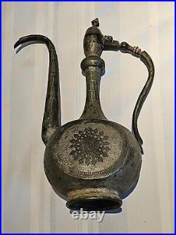 Antique Persian/Middle Eastern Hand Etched silvered Copper Water Jug Ewer F/ship